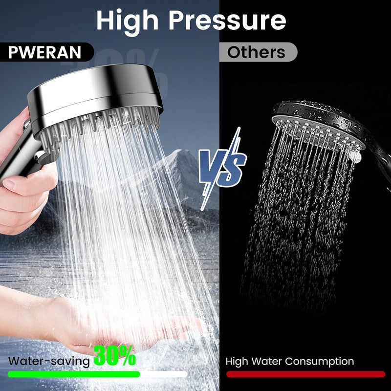 PWERAN Filtered Shower Head with Handheld, High Pressure 4 Spray Mode Showerhead with Filters, Water Softener Beads for Hard Water with ON/OFF Switch for Pets - Remove Chlorine (Chrome, 5 Inch Panel) - Image 2